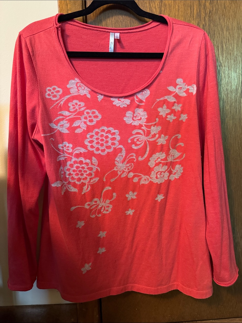 Kiara Coral Red Long Sleeve Scoop Neck Top with Floral Print